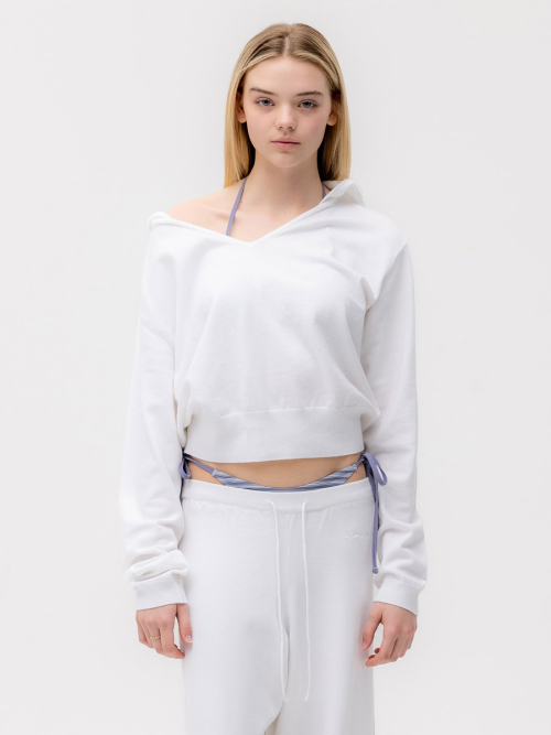 G HUG V-NECK KNIT HOODIE (WHITE)