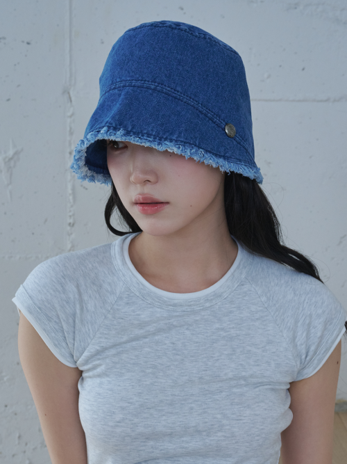 Frayed Hem Moon Bucket Hat (Blue Denim)