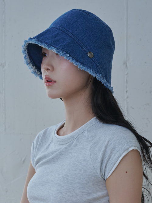 Frayed Hem Moon Bucket Hat (Blue Denim)