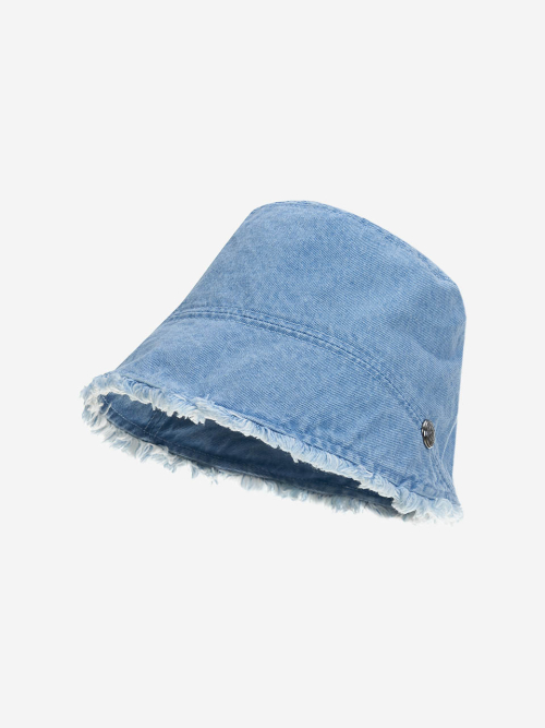 Frayed Hem Moon Bucket Hat (Light Blue Denim)