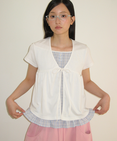 CARDIGAN LAYERED SOFT CHECK T SHIRT WHITE