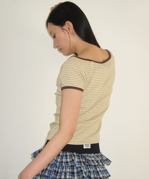 STITCH STRIPE OFF SHOULDER T SHIRT YELLOW