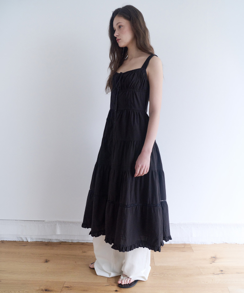 PEASANT SHIRRING LONG ONE PIECE BLACK