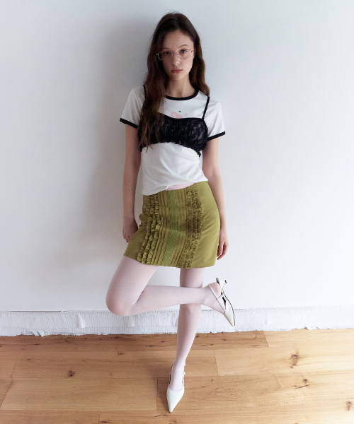 FRILL PINTUCK COTTON MINI SKIRT GREEN