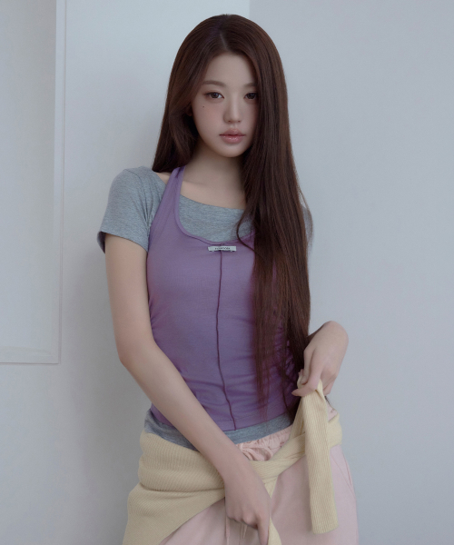 HALTER LAYERD T-SHIRT SET PU+M/GY