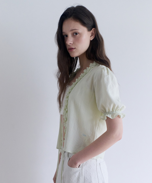 FRILL OPEN BLOUSE LIGHT GREEN