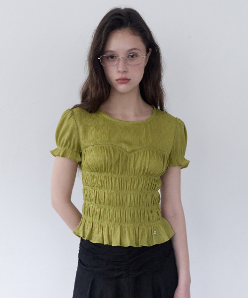 SMOCKING SHIRRING BLOUSE OLIVE