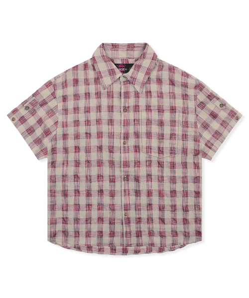 GS018 타탄체크 시어서커 크롭 하프 셔츠 (RED)
