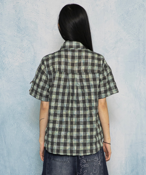 GS018 타탄체크 시어서커 크롭 하프 셔츠 (BLUE GREEN)