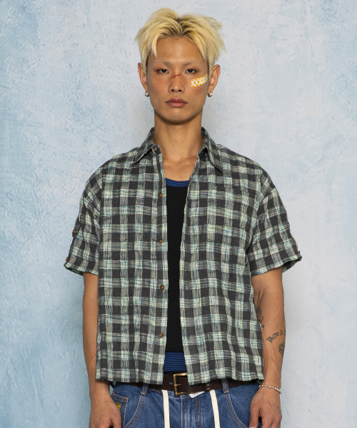 GS018 타탄체크 시어서커 크롭 하프 셔츠 (BLUE GREEN)