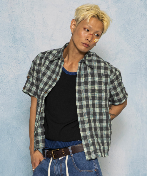 GS018 타탄체크 시어서커 크롭 하프 셔츠 (BLUE GREEN)