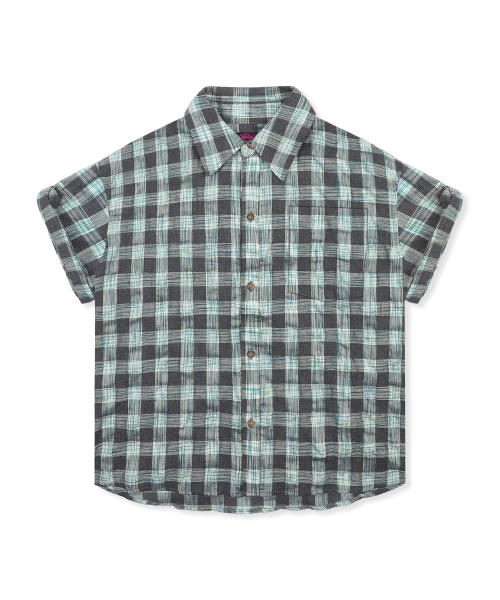 GS018 타탄체크 시어서커 크롭 하프 셔츠 (BLUE GREEN)