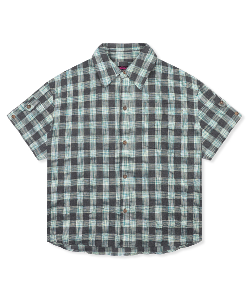 GS018 타탄체크 시어서커 크롭 하프 셔츠 (BLUE GREEN)