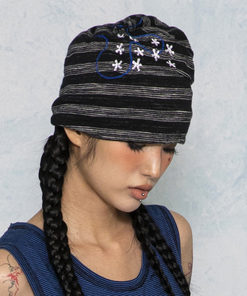 GC085 써머 스티치 스트라이프 스냅 비니 (BLACK)