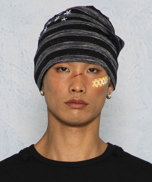 GC085 써머 스티치 스트라이프 스냅 비니 (BLACK)