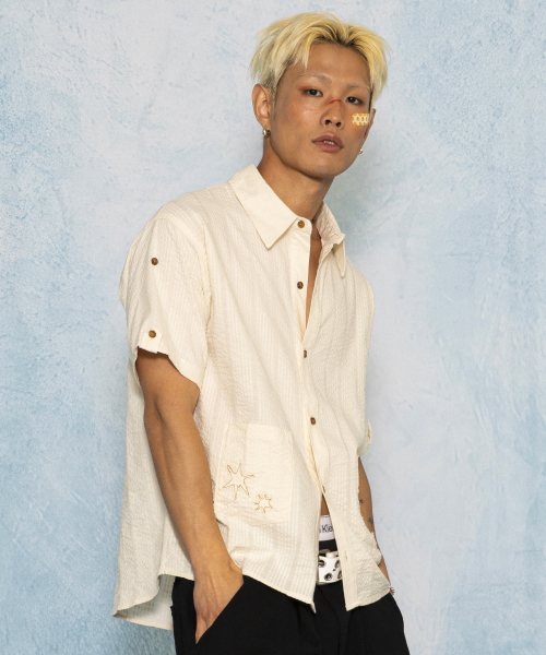 GS019 포켓포인트 시어서커 쿠반 셔츠 (IVORY)