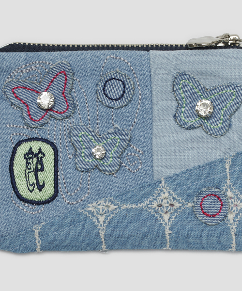 Embroidered Patch Denim Wallet [Blue]