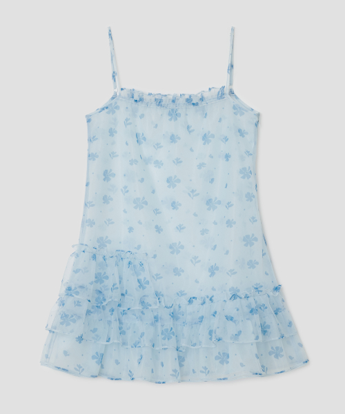 Mesh Ruffled Layered Dress [Blue]