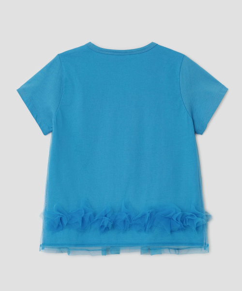 Mesh Layered Shirring Ruffle Top [Blue]