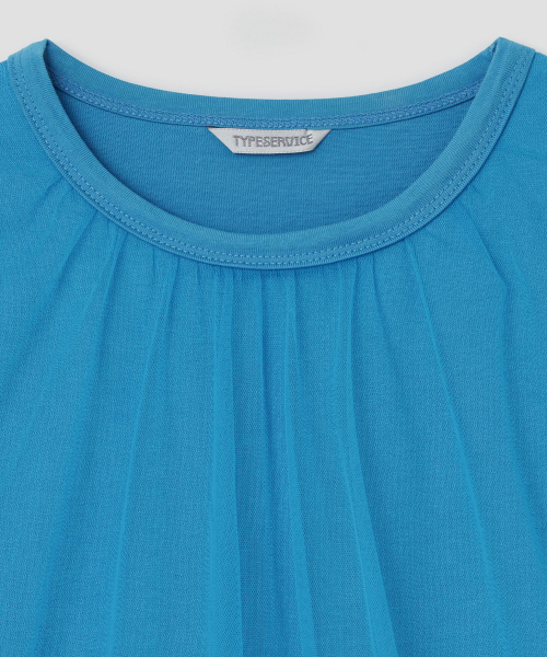 Mesh Layered Shirring Ruffle Top [Blue]