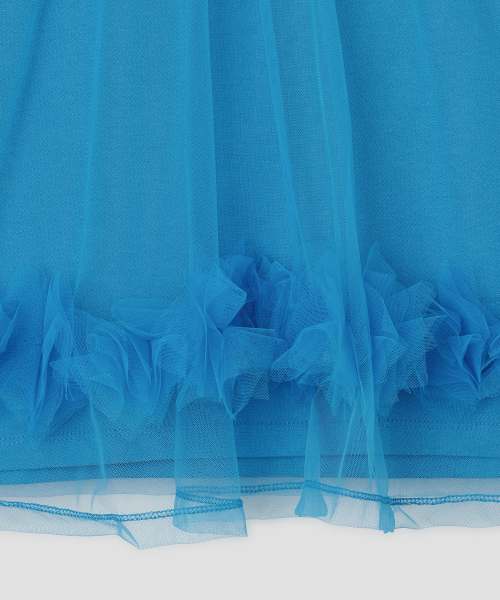 Mesh Layered Shirring Ruffle Top [Blue]