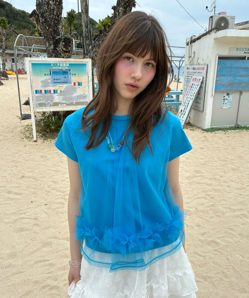 Mesh Layered Shirring Ruffle Top [Blue]
