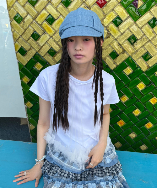 Mesh Layered Shirring Ruffle Top [White]