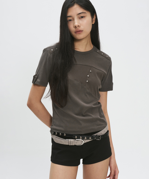 절개 라인 우먼즈 스터드 포인트 세미크롭 반팔 티셔츠 [카키]