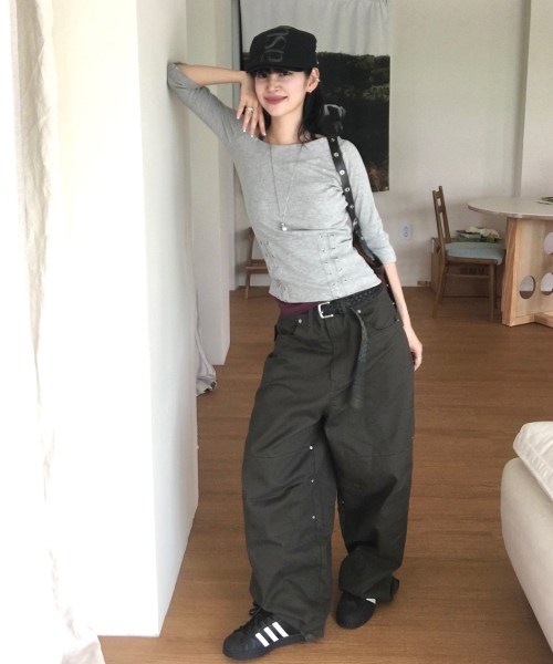 핀턱 아일렛 스트랩 포인트 커브드 와이드 코튼 팬츠 _3COLOR