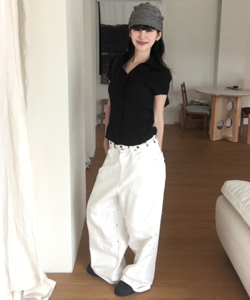 핀턱 아일렛 스트랩 포인트 커브드 와이드 코튼 팬츠 _3COLOR