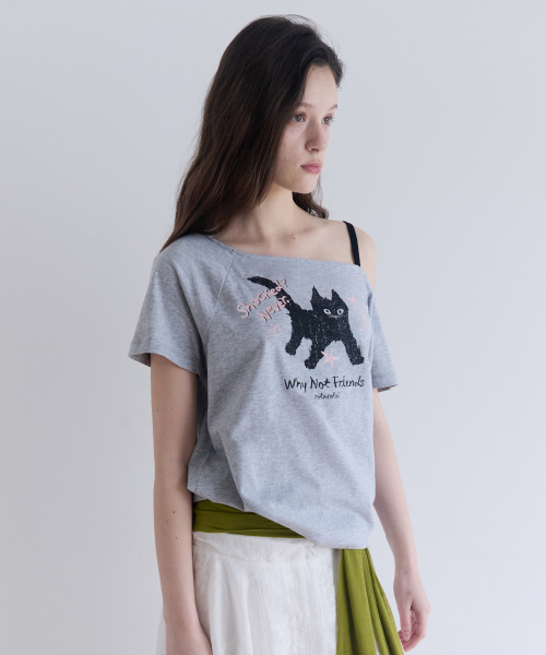 ROLA CAT FRIENDS OFF SHOULDER T-SHIRT GRAY
