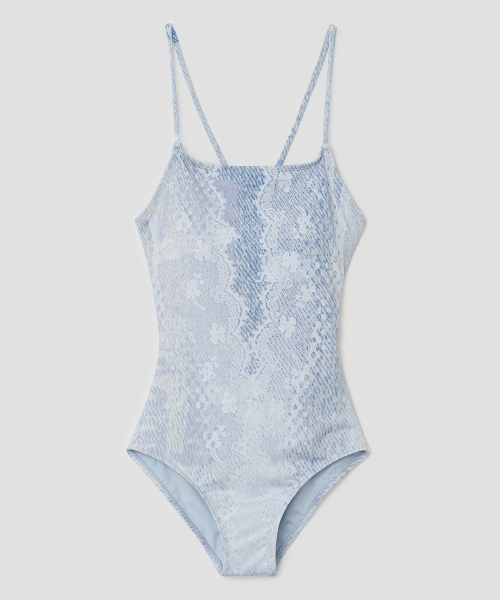 Lace Print Backless Swimsuit [Blue]