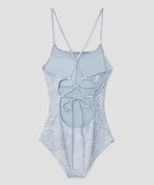 Lace Print Backless Swimsuit [Blue]