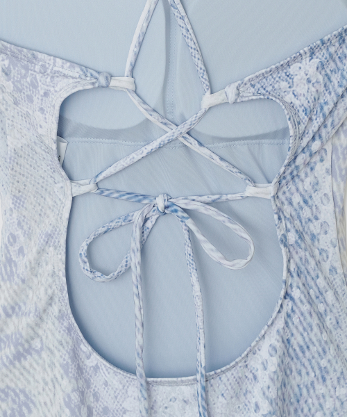 Lace Print Backless Swimsuit [Blue]
