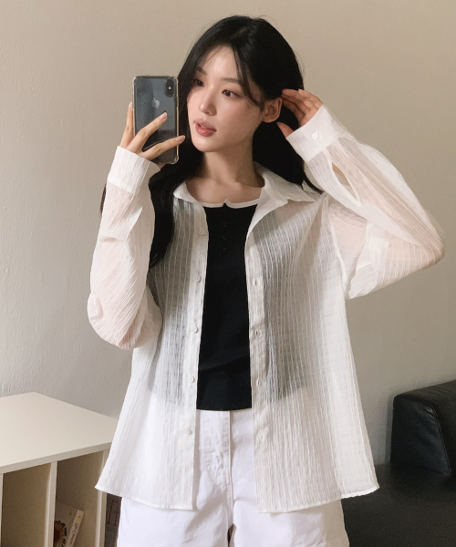 시어드 브이넥 카라 셔츠_아이보리