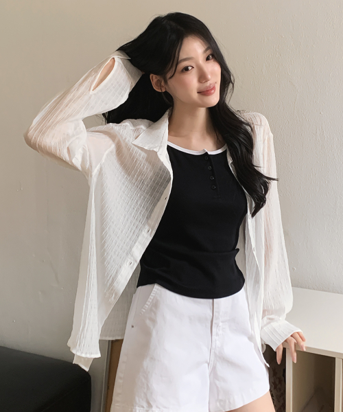 시어드 브이넥 카라 셔츠_아이보리
