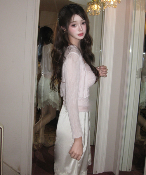 새틴 레이스 레이어드 미디 스커트_ivory