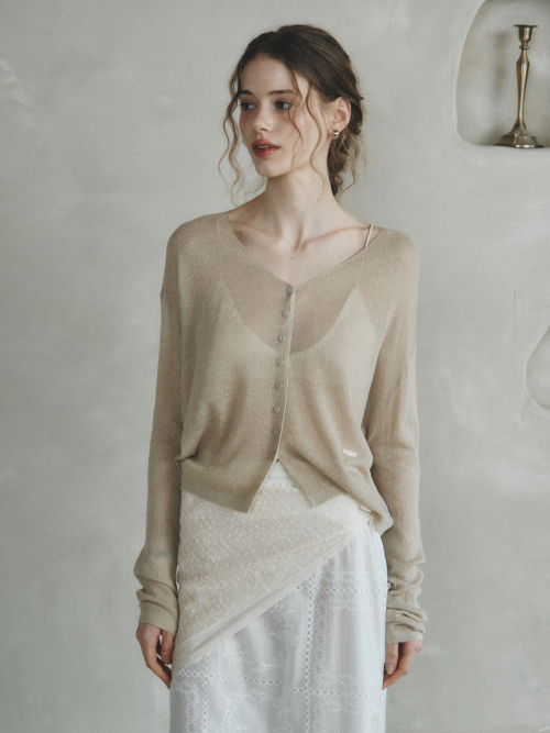 COLIN linen sheer knit cardigan_KHAKI