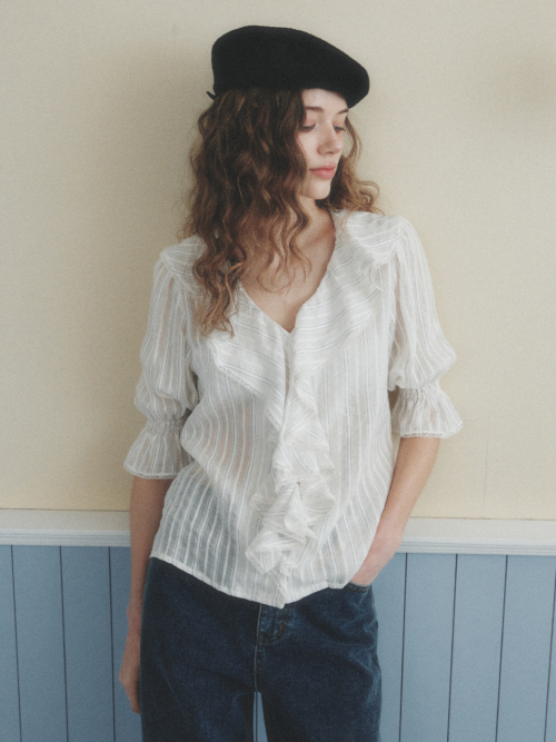 AMELIE frill puff blouse_IVORY STRIPE