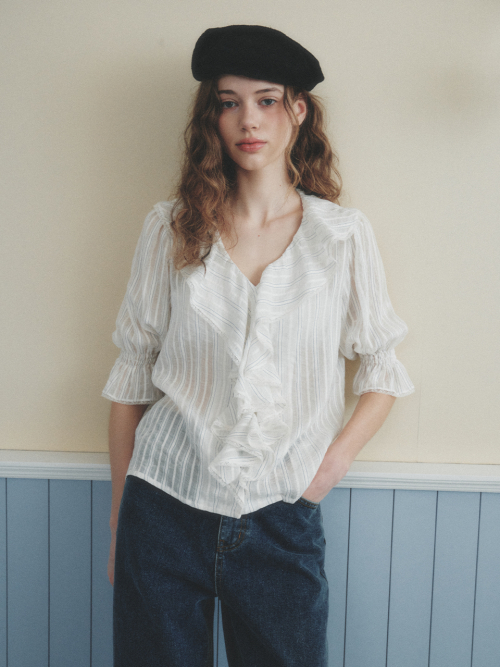 AMELIE frill puff blouse_IVORY STRIPE