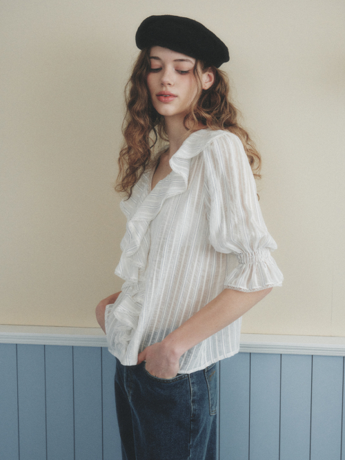 AMELIE frill puff blouse_IVORY STRIPE