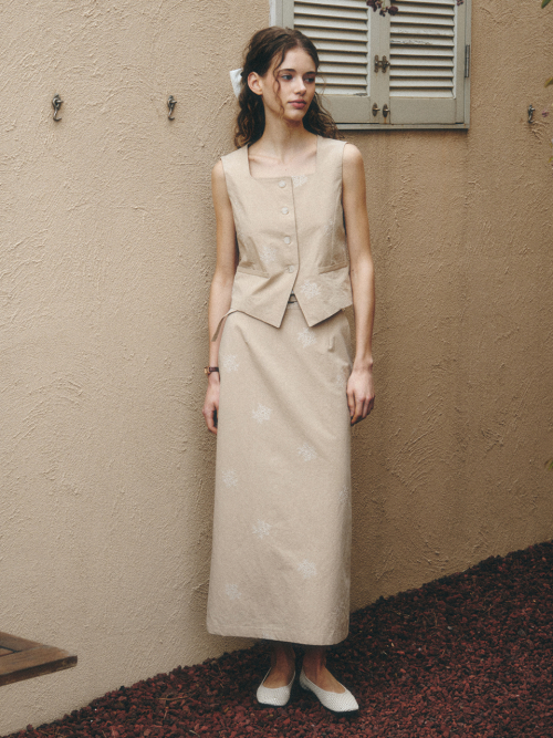 ROVE linen embroidery H-line skirt_BEIGE