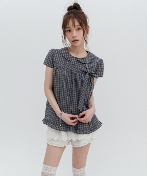 체크 리본 라운드카라 블라우스