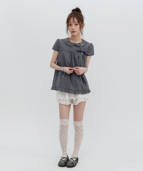 체크 리본 라운드카라 블라우스