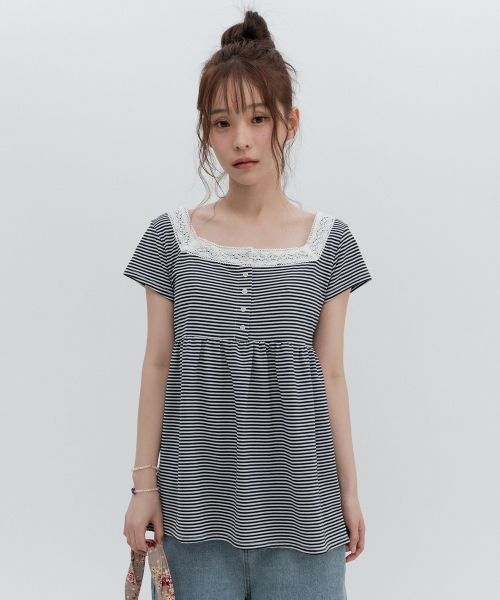 Square Neck Stripe Short Sleeve