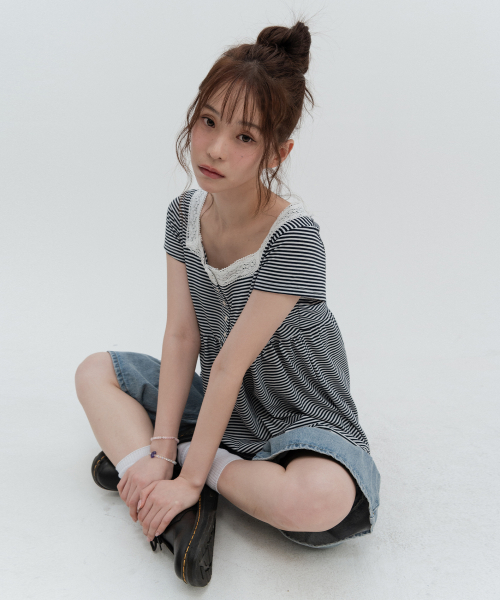 Square Neck Stripe Short Sleeve