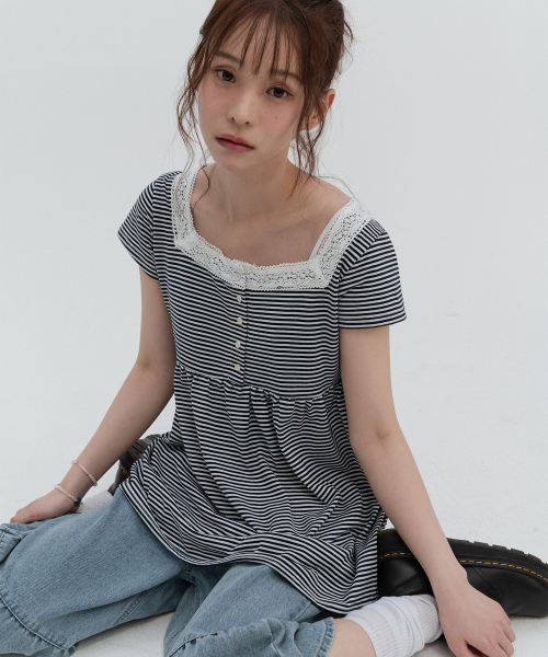 Square Neck Stripe Short Sleeve