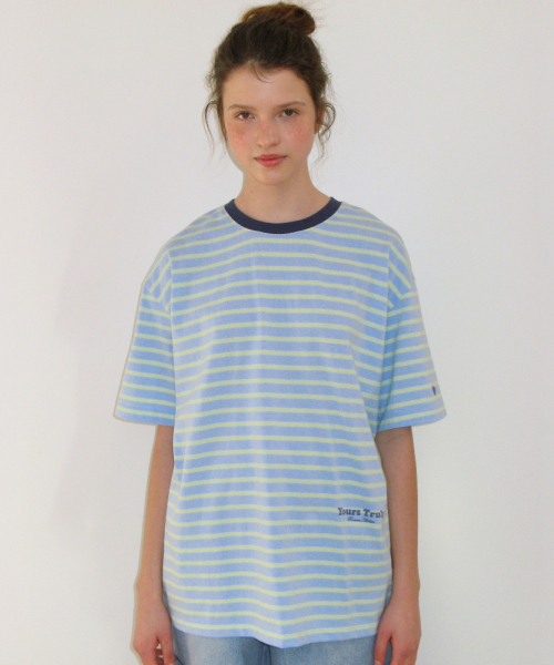 SOFT TWIN PONY STRIPE OVER FIT T SHIRT BLUE