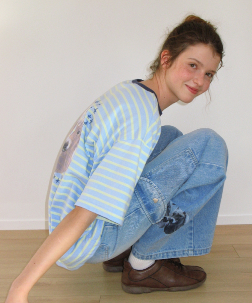 SOFT TWIN PONY STRIPE OVER FIT T SHIRT BLUE