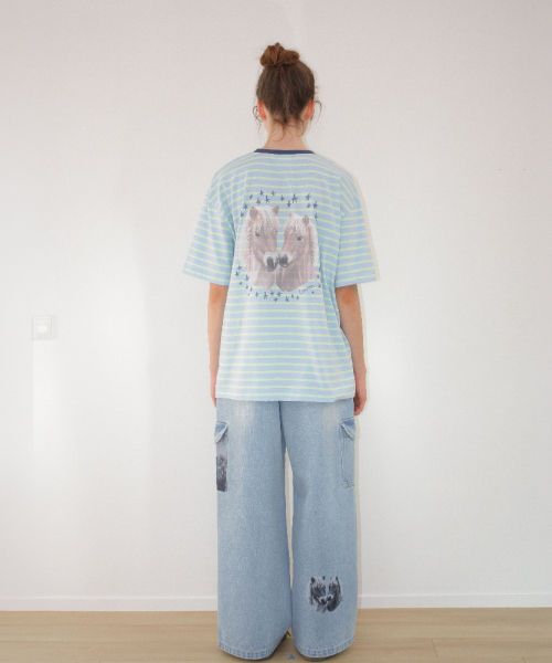 SOFT TWIN PONY STRIPE OVER FIT T SHIRT BLUE
